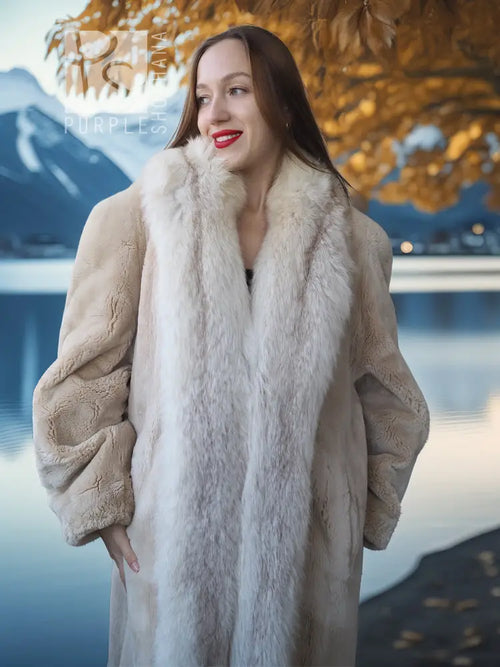 Sheared beaver fur coat with fox trim, light champagne, close-up front portrait