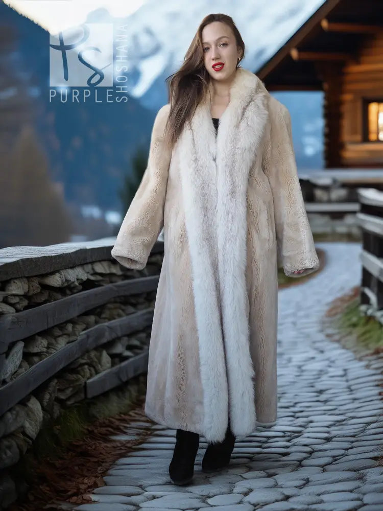 Champagne long fur coat, outdoor front view with plush collar and sleeves