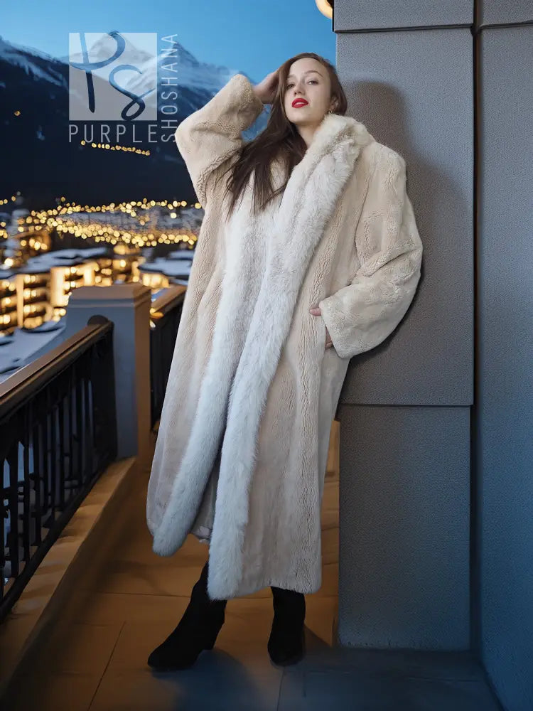 Champagne long fur coat, standing pose with soft collar and full-length hem