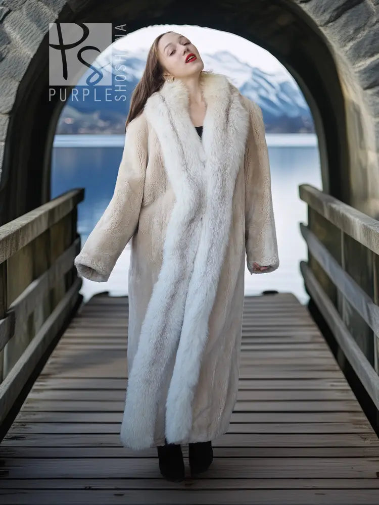 Long champagne fur coat standing on walkway, relaxed fit and wide sleeves