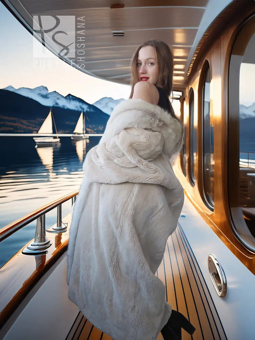 Long hooded fur coat, light cream with textured shearling-like pile, open front