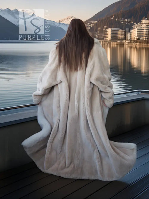 Sheared beaver fur coat with fox trim, light champagne, back view
