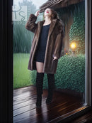 Dark brown faux mink fur coat with open front, long sleeves, standing pose