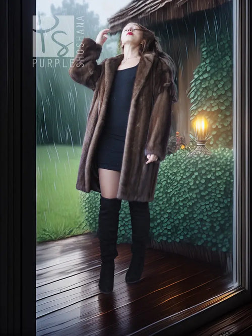 Dark brown faux mink fur coat with open front, long sleeves, standing pose