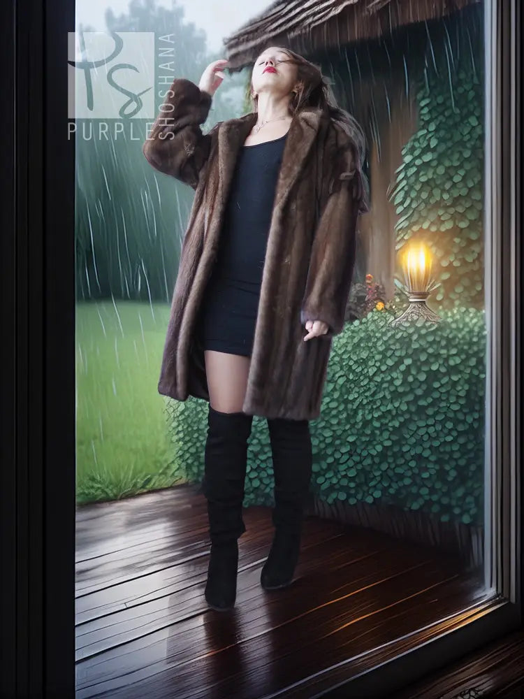 Dark brown faux mink fur coat with open front, long sleeves, standing pose