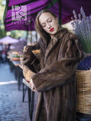 Dark brown faux mink fur coat with wide collar, side arms crossed