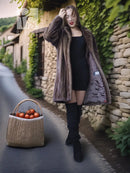 Long faux mink fur coat with shawl collar, open front, dark brown