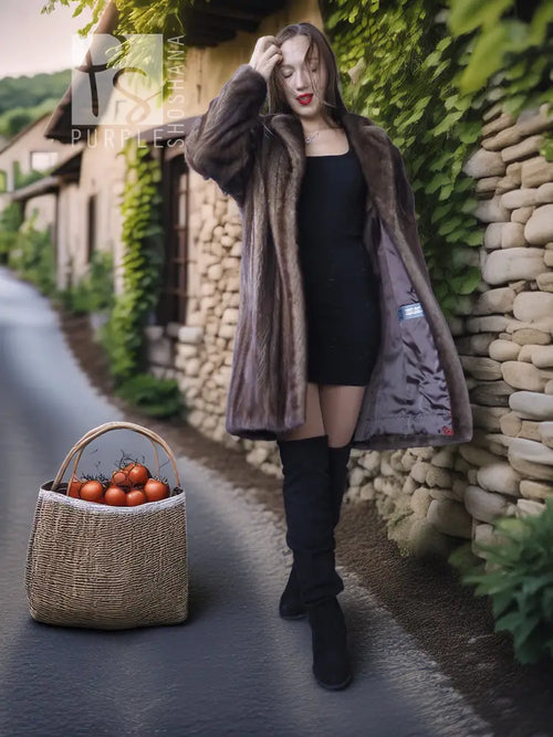 Long faux mink fur coat with shawl collar, open front, dark brown