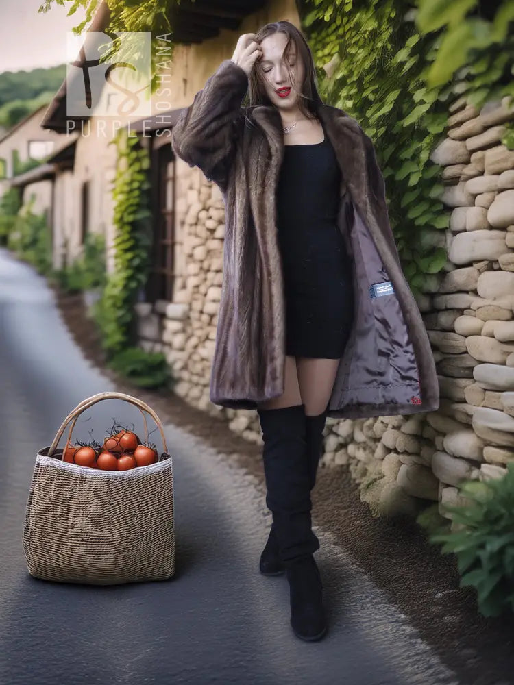 Long faux mink fur coat with shawl collar, open front, dark brown