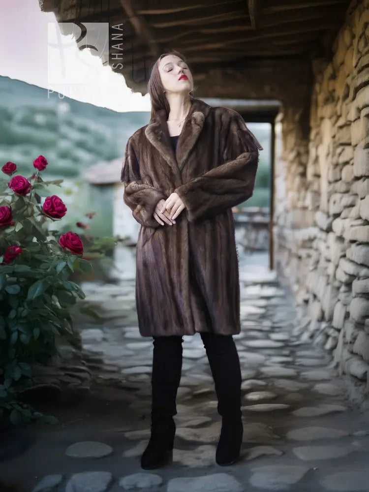 Long dark brown faux mink fur coat with wide collar, front view
