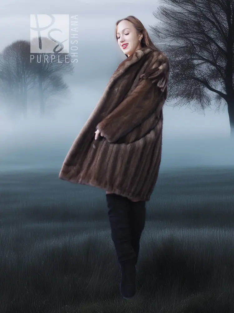 Mink fur demi coat with wide collar, open front, fringe detailing, dark brown