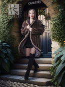 Dark brown faux mink fur coat with wide collar, front view, hands holding coat