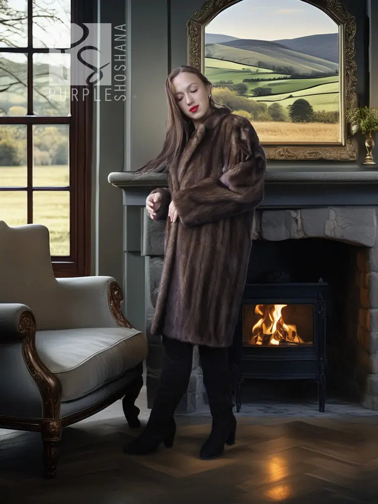 Mink fur coat in dark brown with long sleeves and open front, modeled indoors