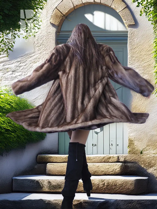 Back view of dark brown faux mink fur coat with wide, flared shape