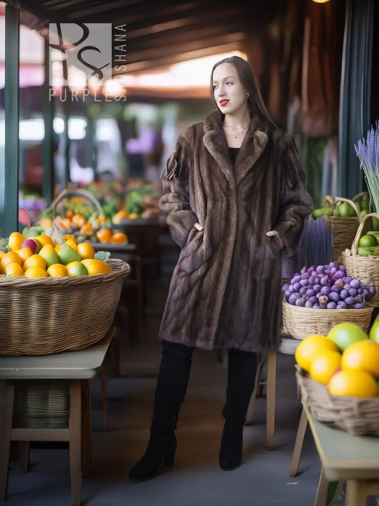 Mink fur coat with pointed collar, long sleeves, and fringed trim