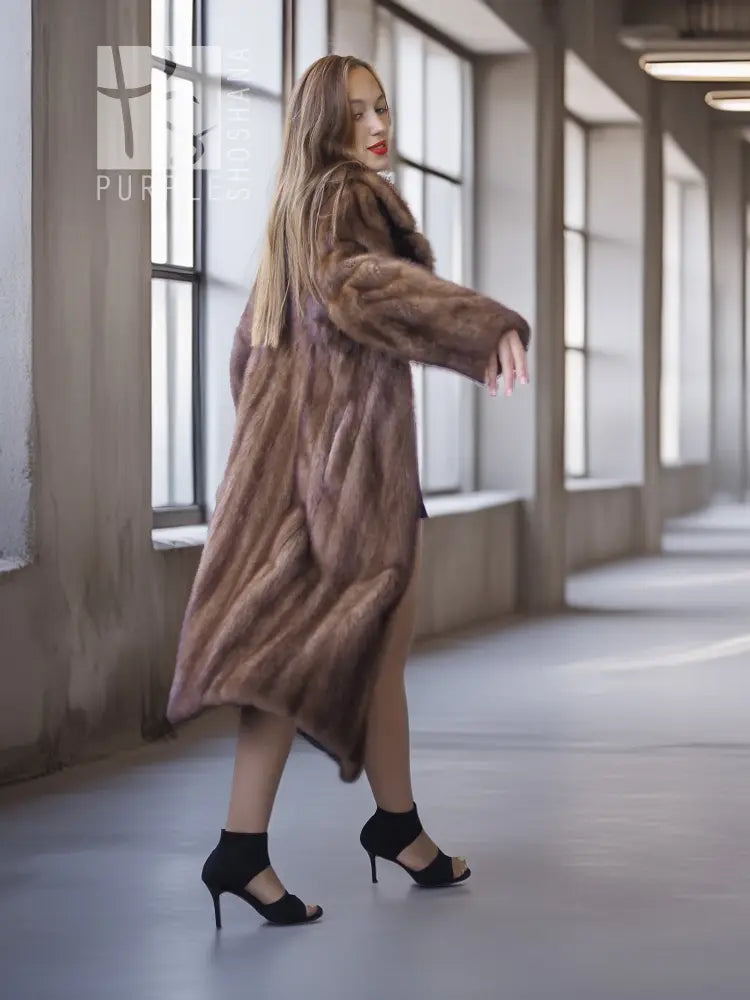 Brown mink fur coat with high stand collar, angled side view