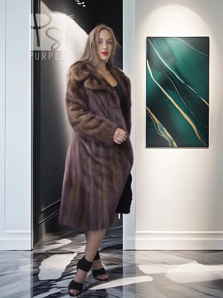 Mink fur coat with stand collar, midi length, brown, worn with black heels and dress