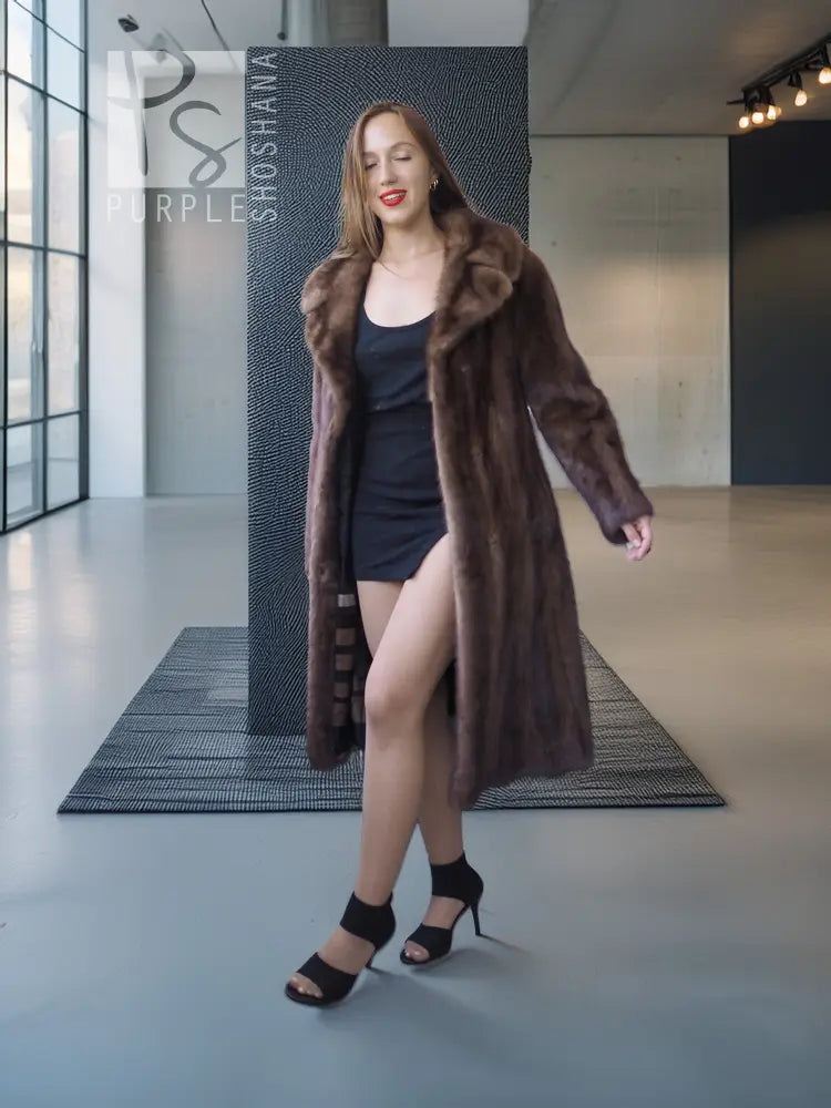 Brown mink fur coat with high stand collar, mid-length A-line shape