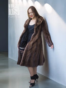 Demi buff mink fur coat with stand collar, flared midi silhouette, brown, black dress top