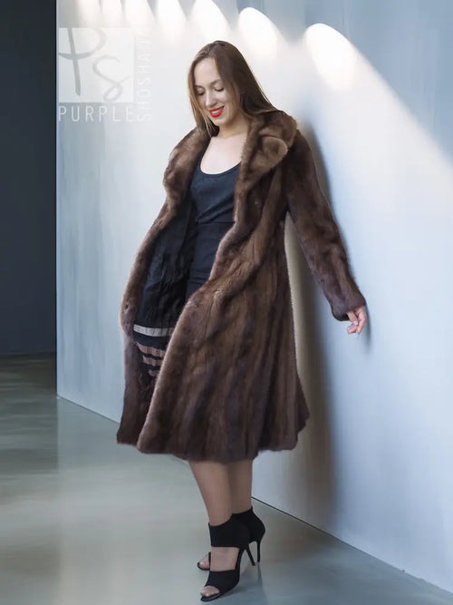 Demi buff mink fur coat with stand collar, flared midi silhouette, brown, black dress top
