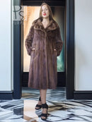 Brown mink fur coat with high stand collar, straight front and plush texture