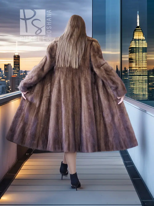 Mink fur stroller coat with high stand-up collar, flared skirt, full back view