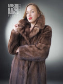 Brown mink fur coat close-up with high stand collar and textured fur pattern