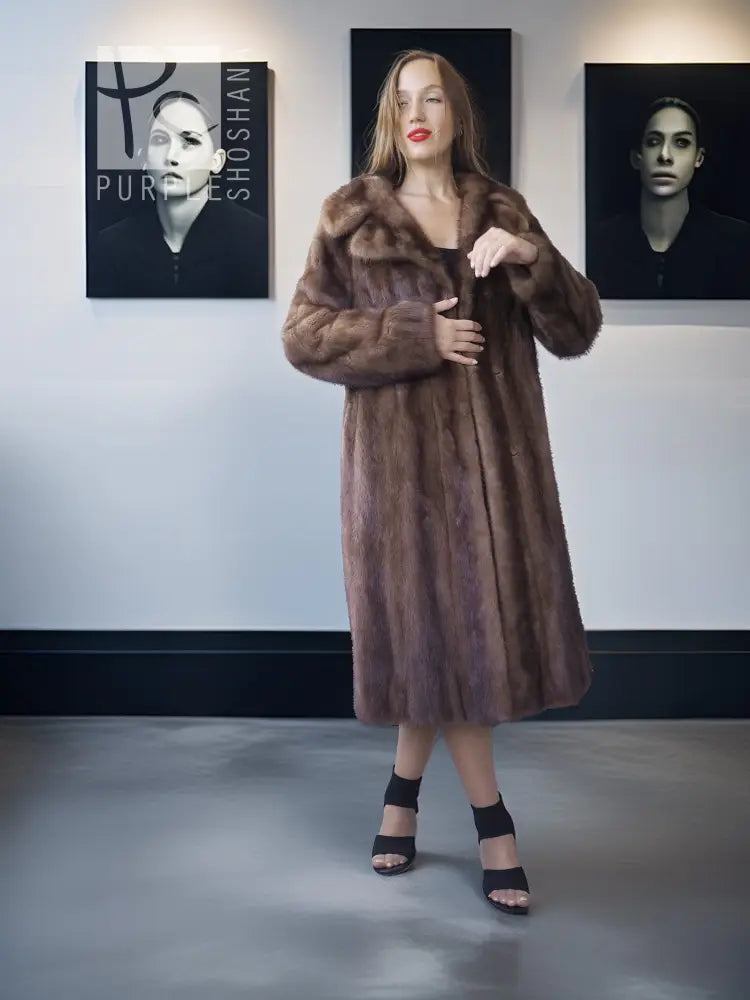 Brown mink fur coat with high stand collar, mid-length buttonless front