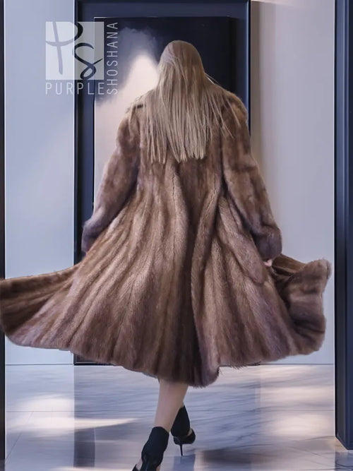 Demi buff mink fur coat, back view with stand collar and flared midi hem, brown