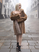 Pastel brown mink fur coat with hood, open front, long sleeves, relaxed fit