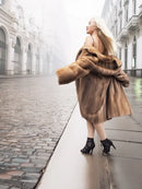 Brown mink fur coat with hood, button front, side view of flared sleeves