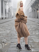 Pastel brown mink fur stroller jacket mid-length with belted waist detail