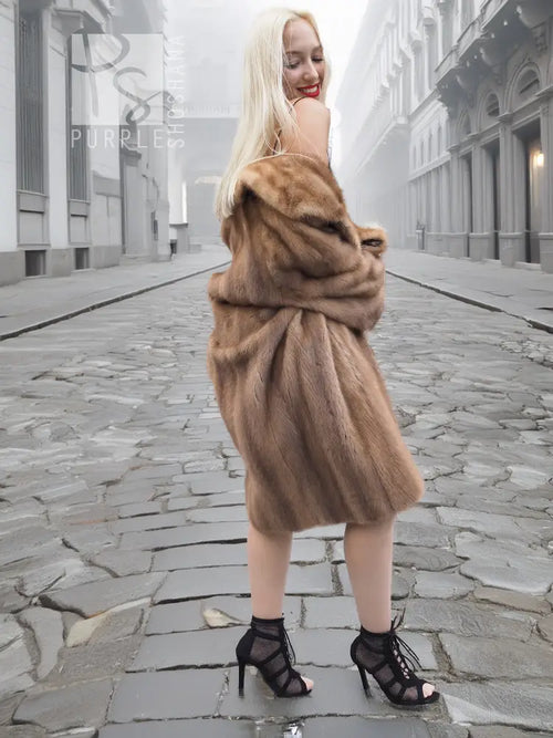 Pastel brown mink fur stroller jacket mid-length with belted waist detail