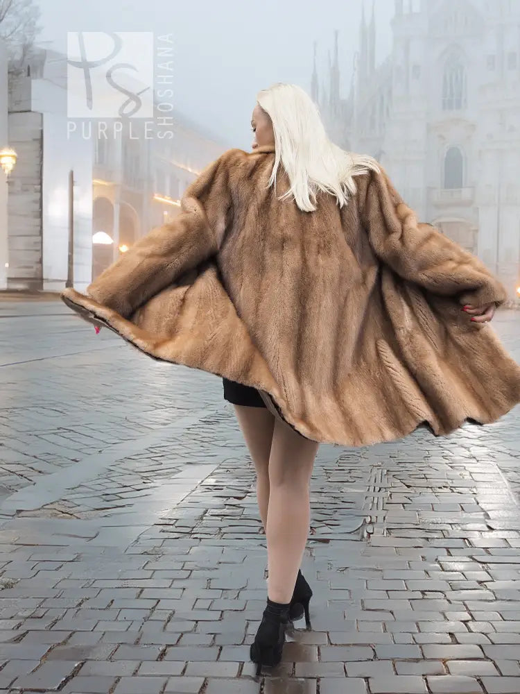 Brown mink fur coat with hood and button front, wide flared hem