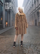 Brown mink fur coat with hood, button front, long sleeves, knee-length
