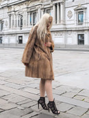 Pastel brown mink fur stroller jacket A-line silhouette with long sleeves