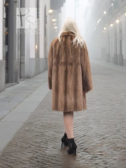 Pastel brown mink fur coat with hood, mid-thigh length, long sleeves, open front