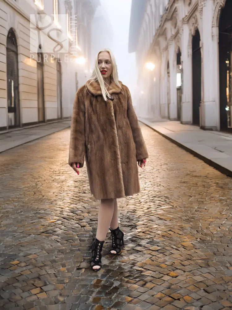 Brown mink fur coat with hood, button front, straight fit, knee-length