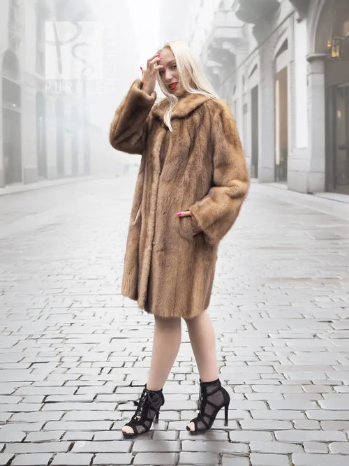Brown mink fur coat with hooded collar, button front, long sleeves