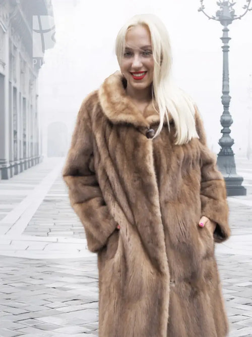 Pastel brown mink fur stroller jacket with plush collar and buttonless front