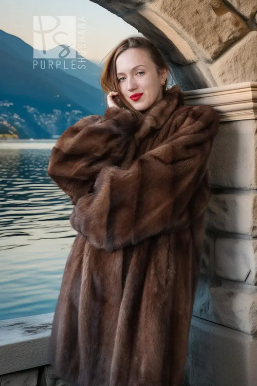 Brown mink fur jacket with dramatic fur collar, close-up shoulder and face