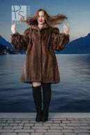 Brown mink fur jacket with wide fur collar and long sleeves, front button closure