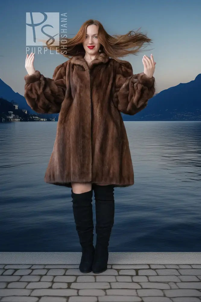 Brown mink fur jacket with wide fur collar and long sleeves, front button closure