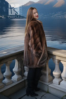 Brown mink fur jacket, open-front style, long sleeves and high plush collar