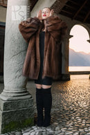 Brown mink fur jacket with thick fur collar and voluminous sleeves