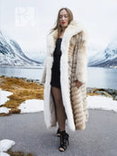 Coyote fur coat with white fox trim, shawl collar, long sleeves, open front