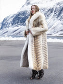 Coyote fur coat with white fox trim shawl collar, front wrap shape, long sleeves
