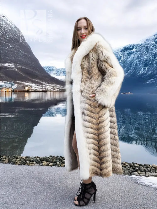 Coyote fur coat with white fox trim and shawl collar, front slit, long length