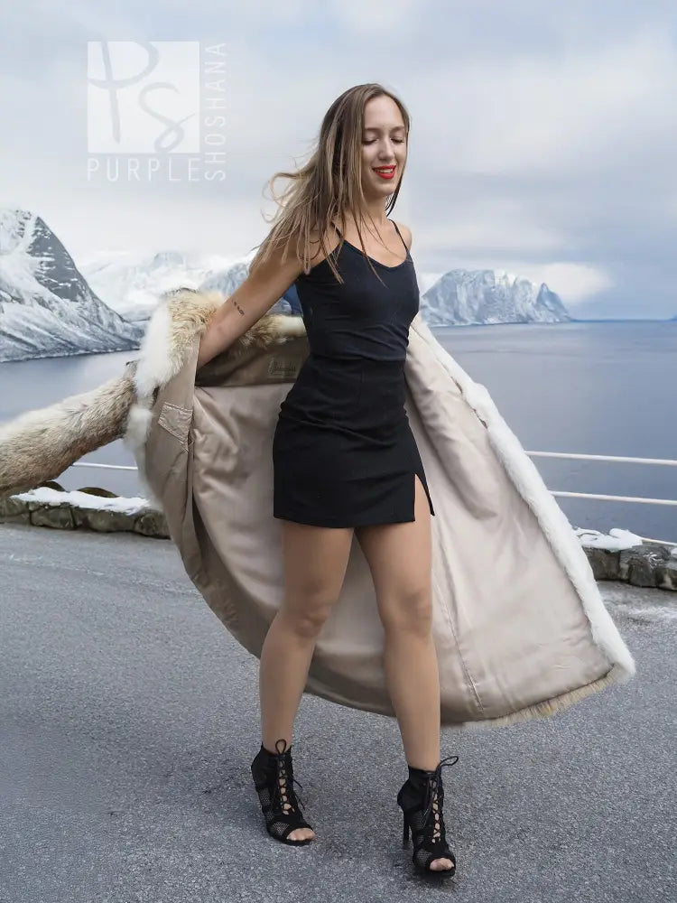 Coyote fur coat with white fox trim, shawl collar, open front with draped side panels