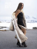 Coyote fur coat with white fox trim, shawl collar, open front, long tan fur